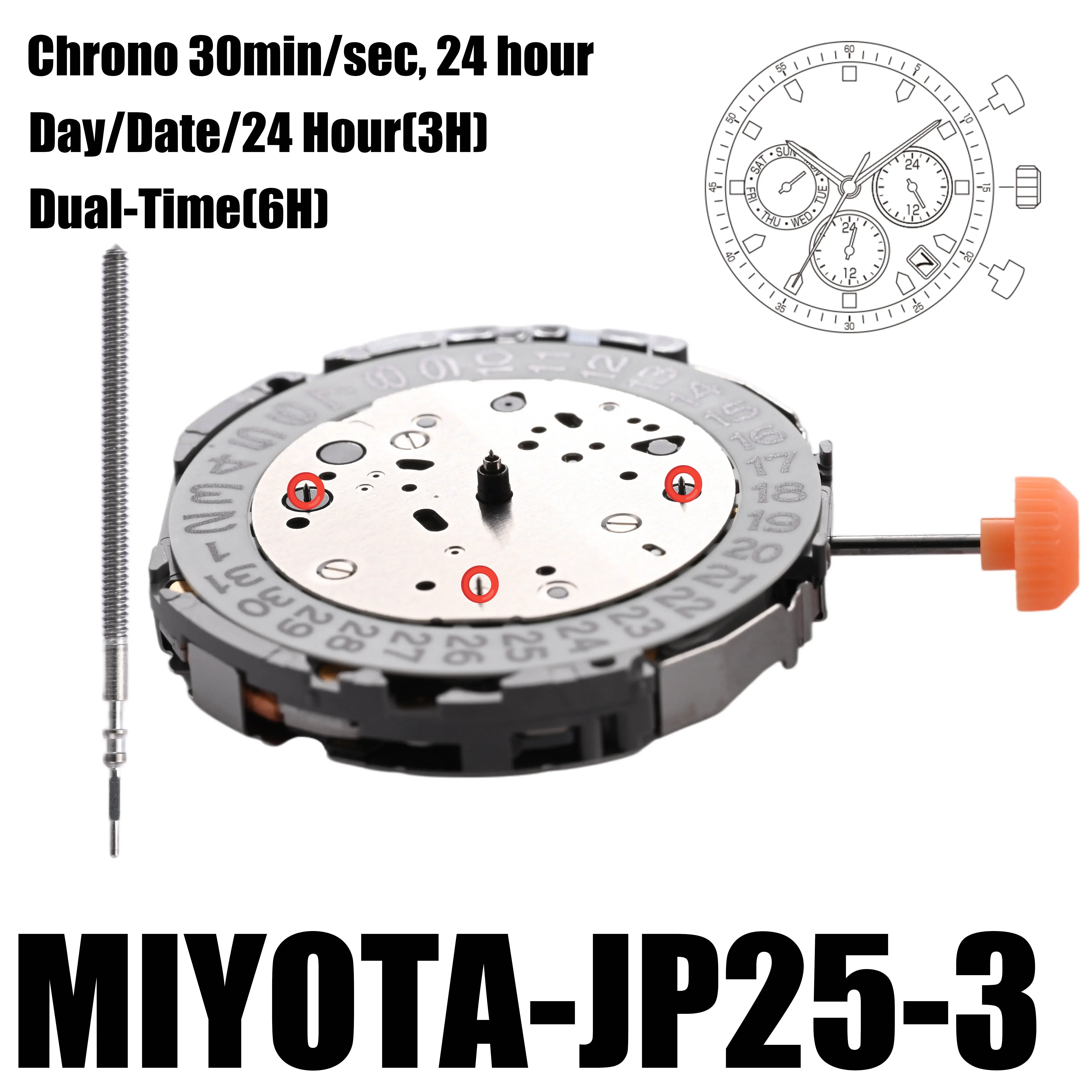 JP25 Movement Miyota JP25 Movement Multi-Function Quartz Watch Movement with Day At 3:00 Size: 12 1/2\'\'\'; Height: 4.30mm