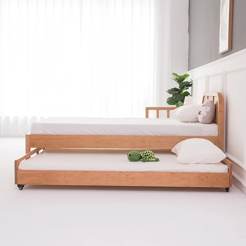 Nordic simple solid wood cherry wood mother and child bed up and down sliding bed black walnut fence bed white oak