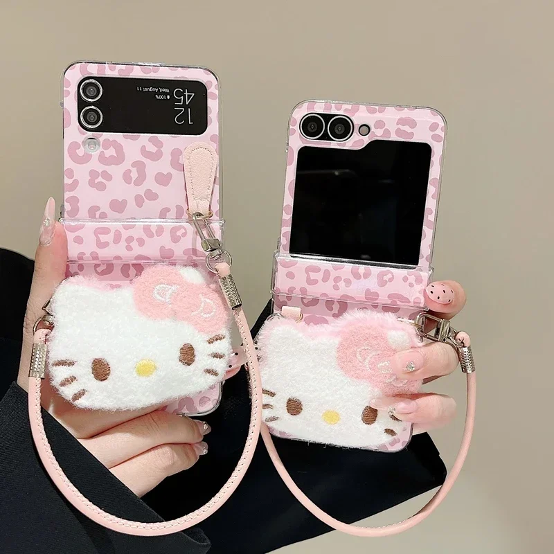 3D Cute Cartoon Sanrio Hello Kitty Leopard Print Furry Plush Phone Case For Samsung Galaxy Z Flip 6 5 4 3 Cover With Lanyard