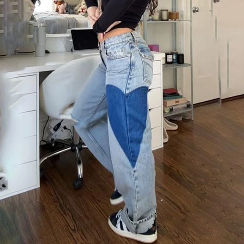 

Heart Pattern Wide Leg Denim Pants Y2k Baggy Straight Leg Jeans Fairy Casual Mom Jeans Grunge Cute Jeans for Women Streetwear