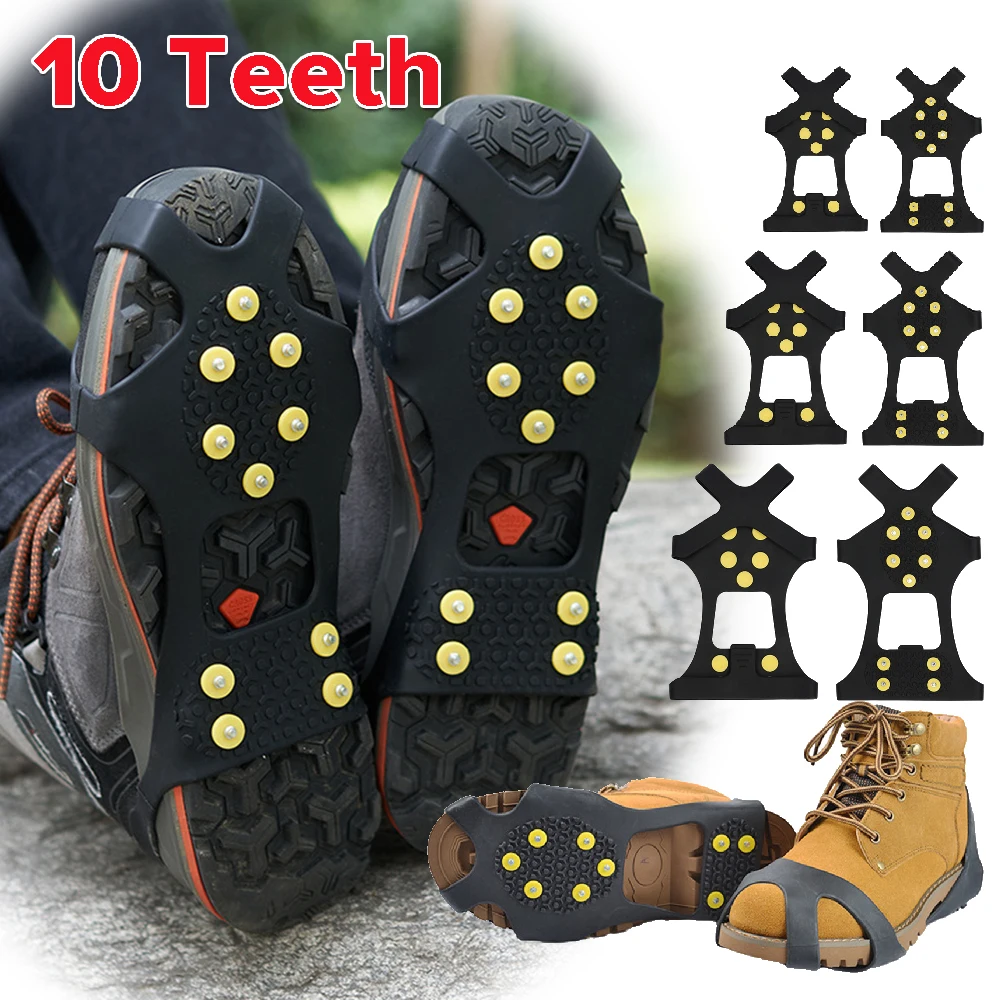 1Pair 10-Studs Snow Ice Claw Climbing Anti Slip Spikes Grips Crampon Cleats Sport Shoe Cover for Women Men Boots Cover Anti-Skid