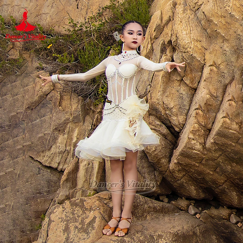 Adult Professional Latin Competition Hight-neck Dress Customize Chacha AB Stones Long Sleeves Perform Clothing Dancer's Vitality