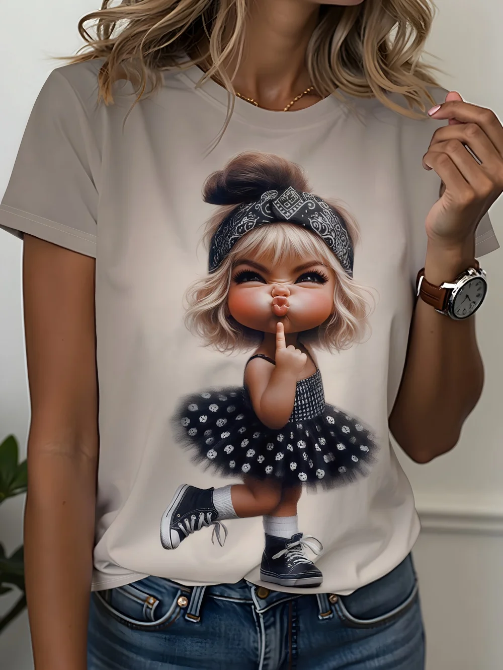 3D-gedrucktes T-Shirt mit Grafik eines kleinen Mädchens für Damen, kurze Ärmel, Sommer, lässige Streetwear, O-Ausschnitt, Tops, übergroße Damenbekleidung – Detail 6
