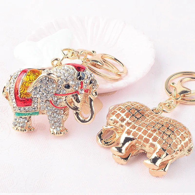 3D Auspicious Elephant Key Holder Chains Whole Enamel Colorful Crystal Bag Pendant Keyrings KeyChains For Women