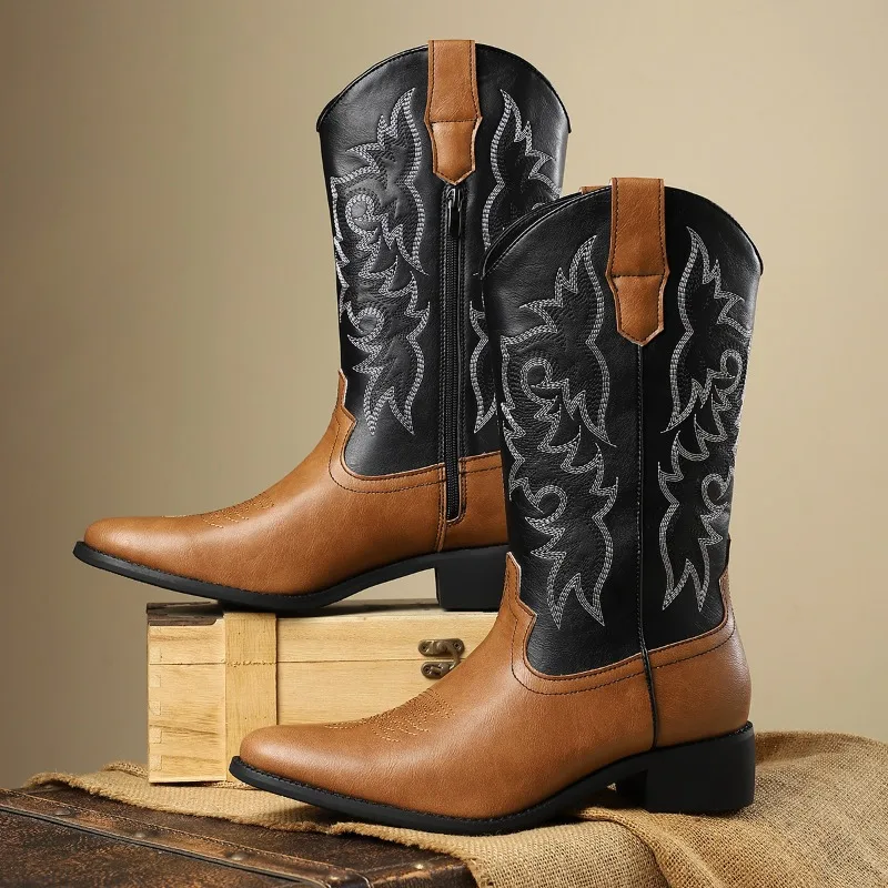 Men Western Cowboy Boots Pointed Toe Mid-calf Boots Retro Embroidery Knight Boots Zipper Leather Boot Handmade Outdoor Men Shoes