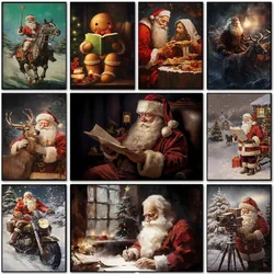 Vintage Winter Christmas Santa Claus Riding Motorcycle Gingerbread Art Canvas Painting Wall Poster Print Bedroom Kids Gift Decor