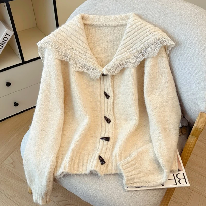 

Кружевной свитер с матросским воротником, утепленное пальто для женщин, осень-зима, новый корейский свободный вязаный кардиган на пуговицах, куртки
