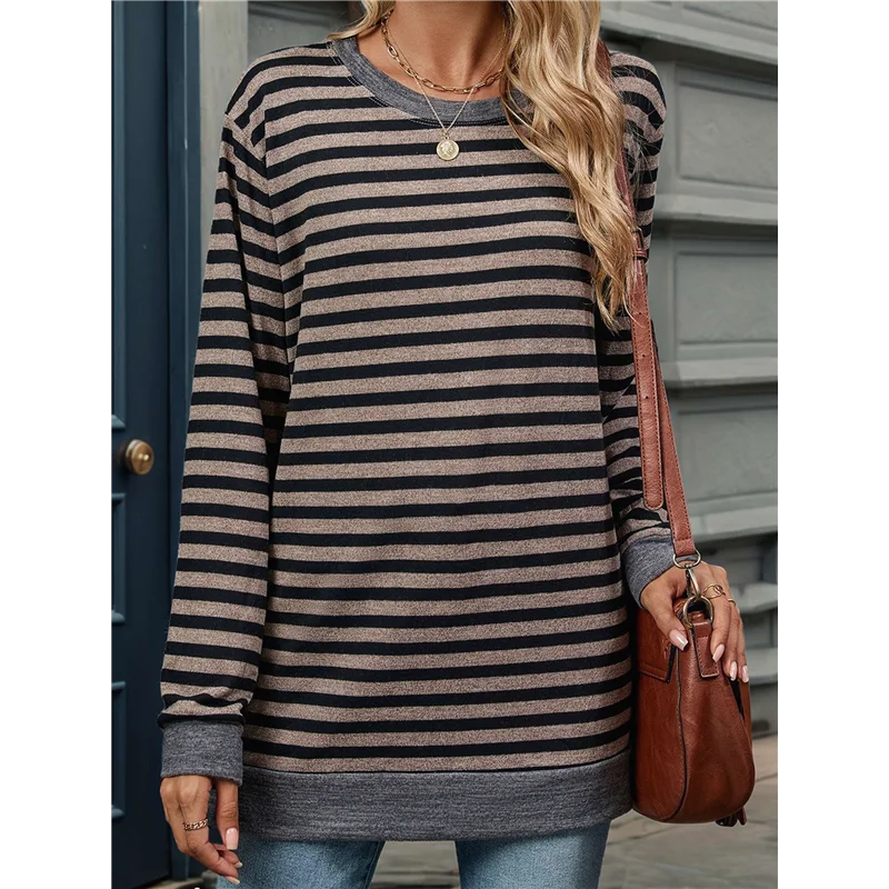 

ASDS-Womens Casual Striped Long Sleeve Shirt Trendy Crew Neck Slim Loose Fit Basic Blouses Tops