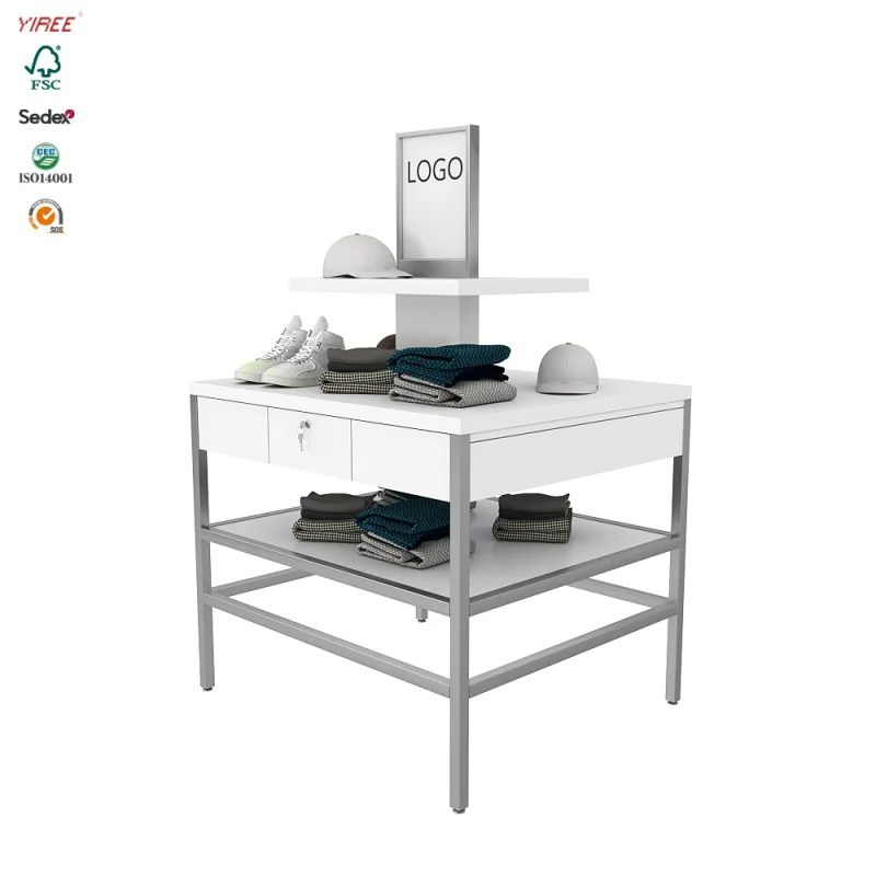 custom.Store fixtures custom white wooden 3 tier locked center counter cloth shop display table retail with drawer