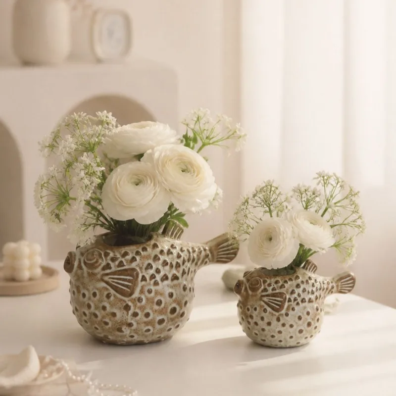 Nordic Puffer Fish Ceramic Vase Ornaments Living Room Wine Cabinet Desktop Flower Arrangement Container Wedding Vase Decoration
