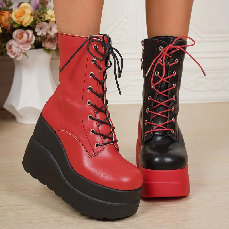 

Color Block Small Size Wedge Mid-Calf Boots 2025 New Large Size Thick Sole Platform European and American Fashion Boots
