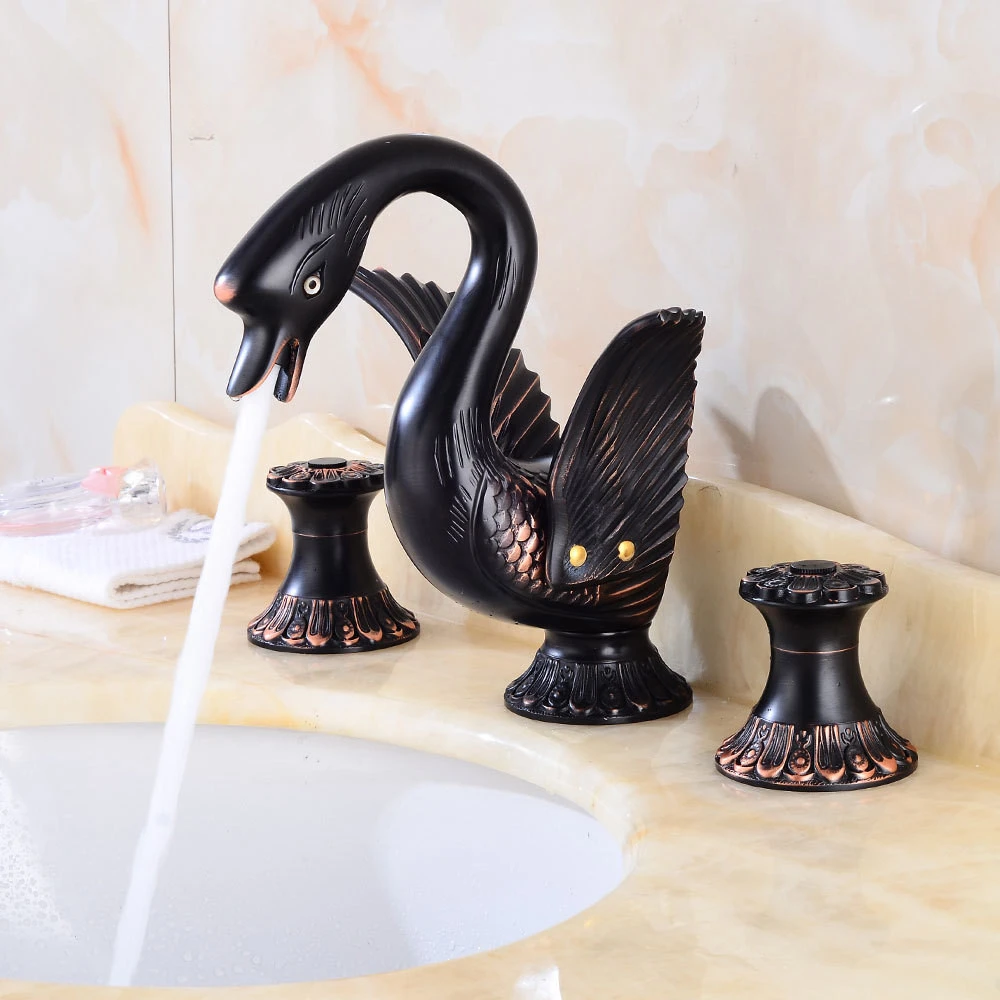 New Arrivals Deck-mounted Widespread Golden/Black Oil 3 Pcs Bathroom Swan Faucet Lavatory Basin Sink Mixer Luxury Style