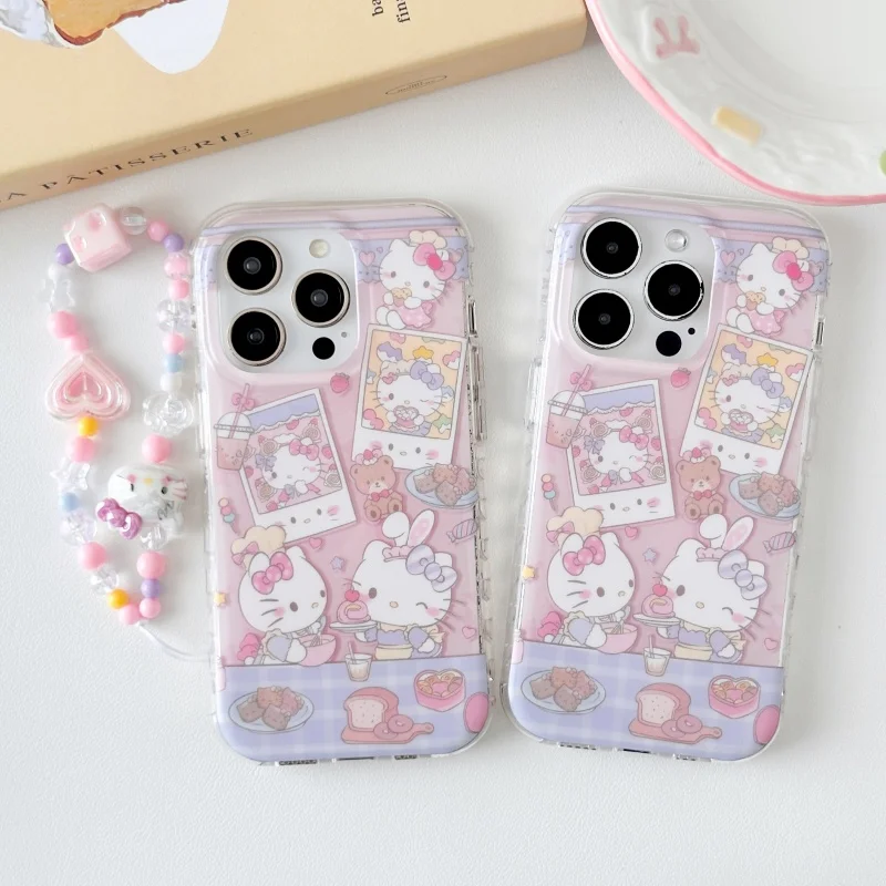 

Cute sweet delicious food milk drink cartoon Hello Kitty chef Phone Case For iPhone 13 14 15 16 Pro Max Lovely KT Lanyard Cover