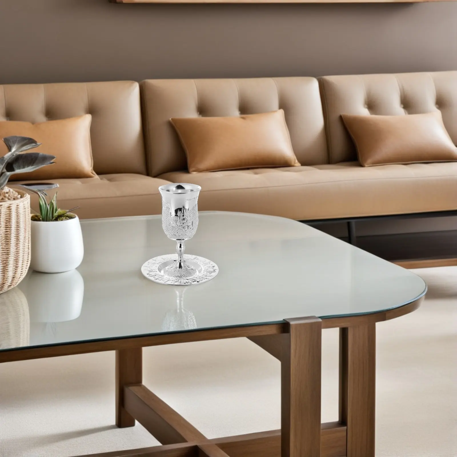 

2Set Blessing Cup Set Metal Wine Goblet Stemmed Judaica Shabbat Cups Passover Ceremony Embossed Silver Offering