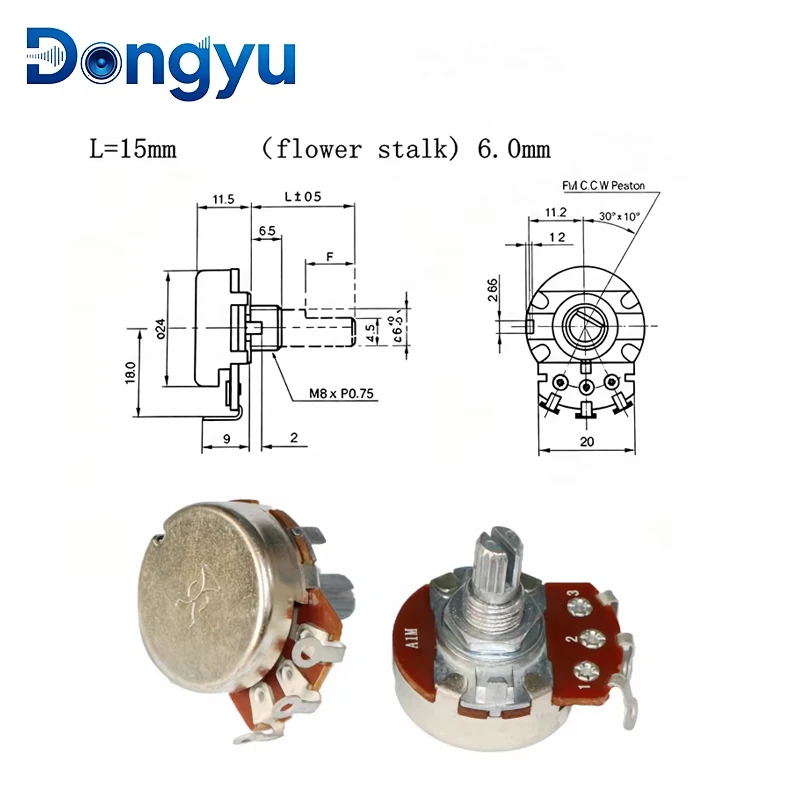 15mm Shaft 24 Type Small Potentiometer 3Pin Flower Shaft Linear Volume Control A5K-A1M B1K-B500K Audio Accessory, 5Pcs