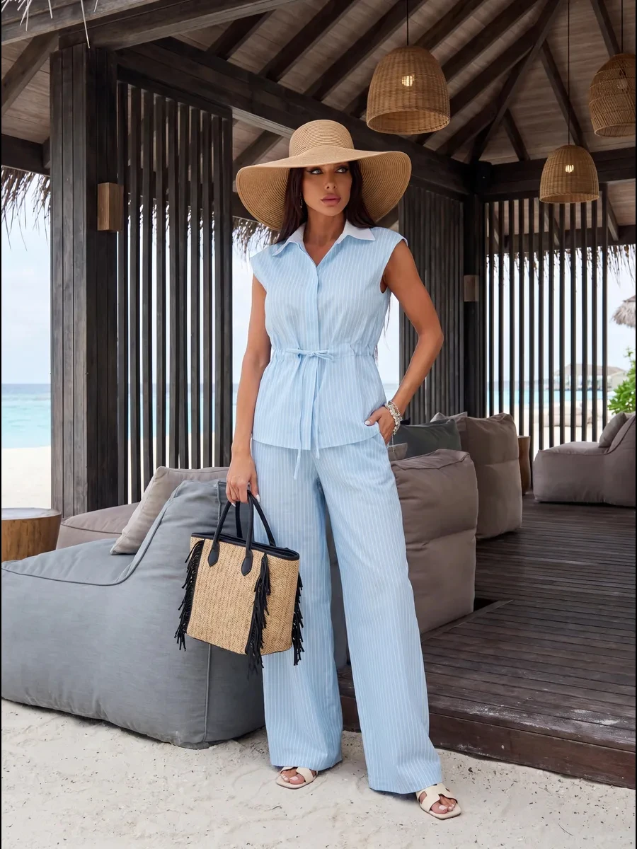 

KT 2026 Women's Striped Two Piece Co Ord Set, Sleeveless Collared Drawstring Waist Shirt & High Waist Wide Leg Loose Trousers Va