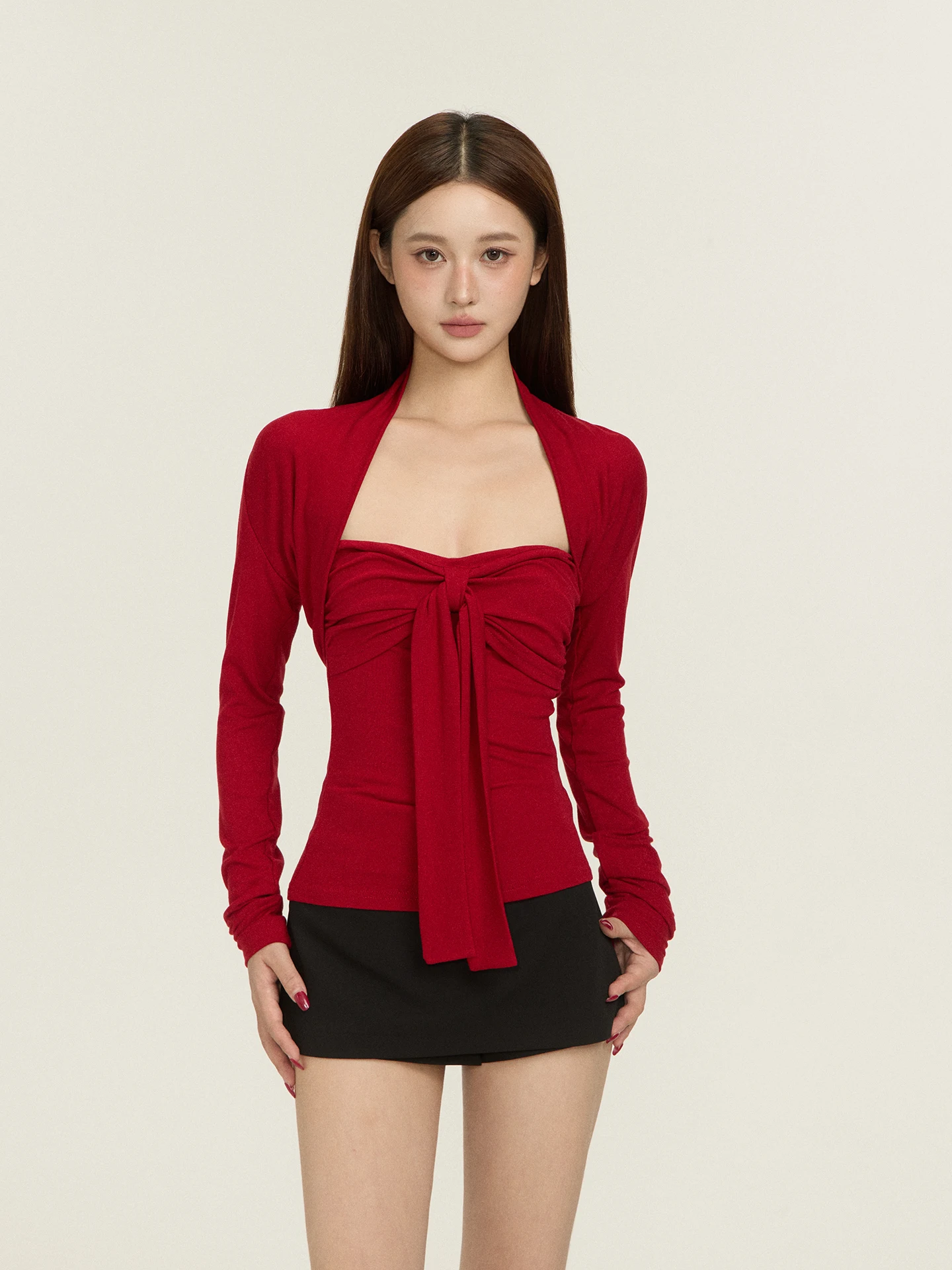 

BULENG Sexy Spicy Girl Long Sve Wrap Waist Knot Tube Top Inner Wear for Women Autumn 2025 Knitted Sweater