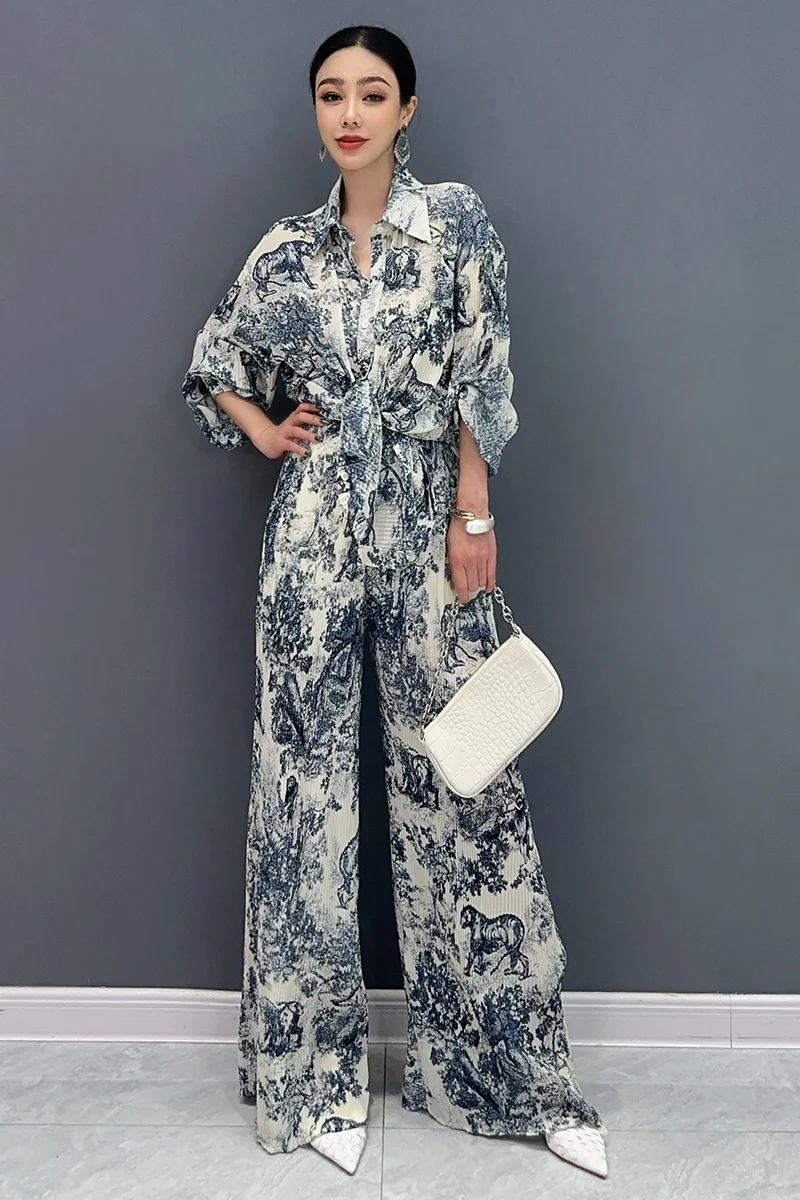 2024 New Summer Fashion Set Double Color Painting Women Loose Leisure Sports Shirts Pants Two Piece Set