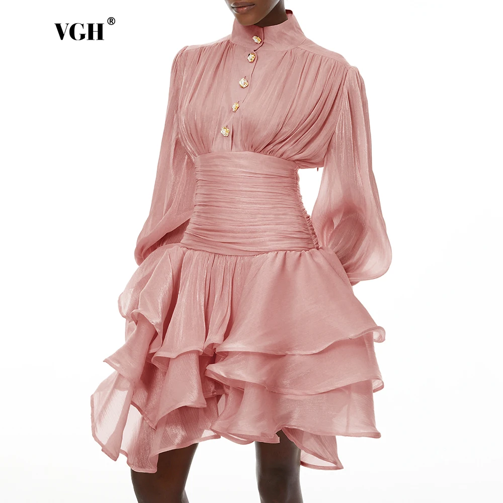 

VGH Elegant Pink High Neck Organza Fabric Mini Dresses for Women Puff Sleevs Ruched Waist Tiered Ruffles for Cocktail Parties