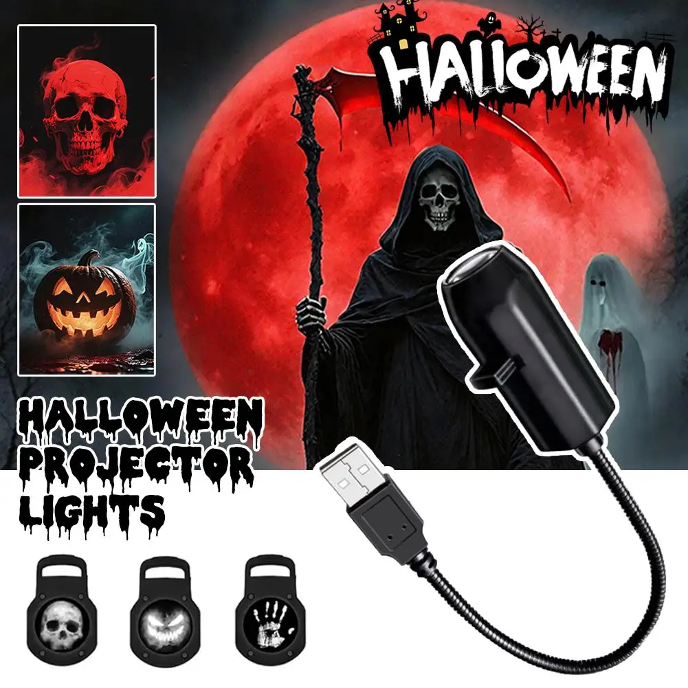 Proyector de Halloween USB, lámpara LED giratoria de 360 grados con calavera, decoración de Halloween para dormitorio, techo, decoración de pared de habitación