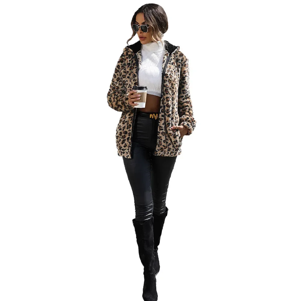 Autumn and Winter Women's Hooded Long Sleeved Leopard Print Double Sided Velvet Loose Casual Coat