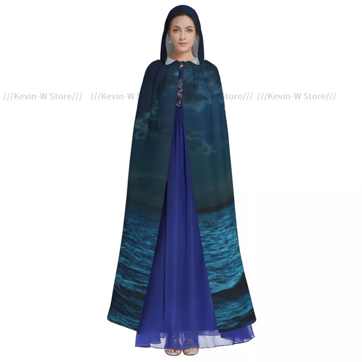 Unisex Witch Party Reversible Hooded Adult Vampires Cape Cloak Super Moon Over Ocean Surface Midnight View Dreamy Mystic Print