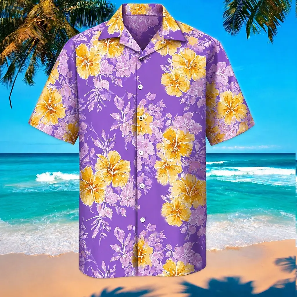 Fresh Island Style Men Short Sleeve Shirt Coastal Beach Green Plant All Print Loose Thin Summer Lapel Shirt