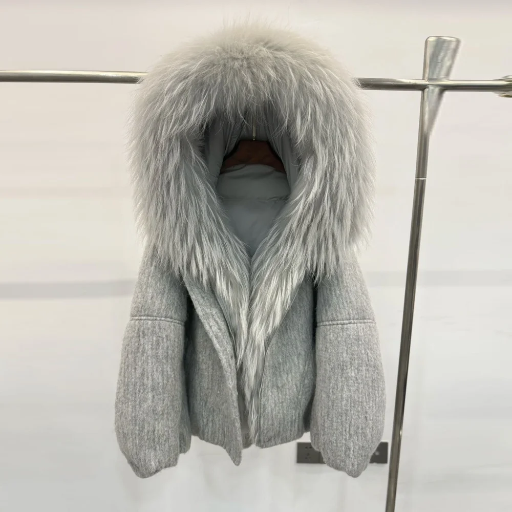   Collo in pelliccia di lana giù Jaet Capispalla caldo da donna ort Thi Cappotto invernale imbottito in piuma d'oca bianca vestibilità ampia casual