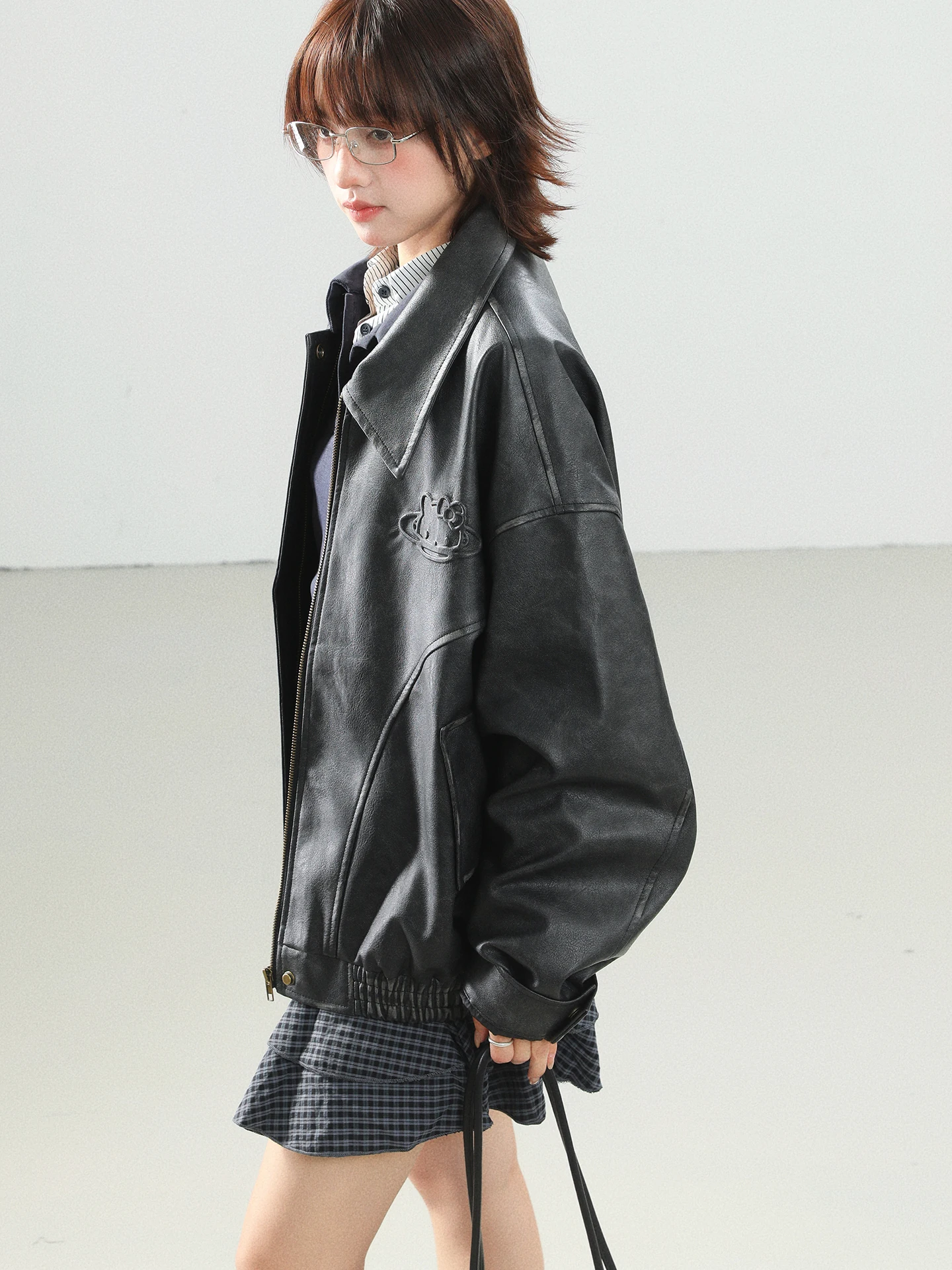 Retro aonw katie emed couro do plutônio jaet feminino sli solto outerwear primavera outono faion marca high-end sentir topo