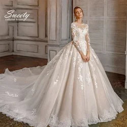 Abito da sposa di lusso in organza con ricamo in pizzo abito da ballo treno manica intera o-collo abito da sposa con bottoni con lacci Vestido De Novia