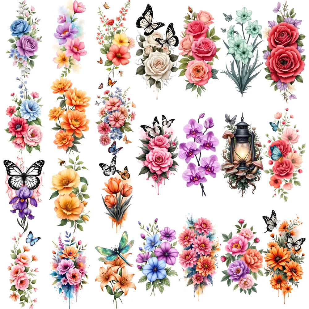 

9pcs Temporary Tattoo Dragonflies Waterproof Long-lasting Body Stickers Butterfly With Flowers Orchids For Thighs Shoulders