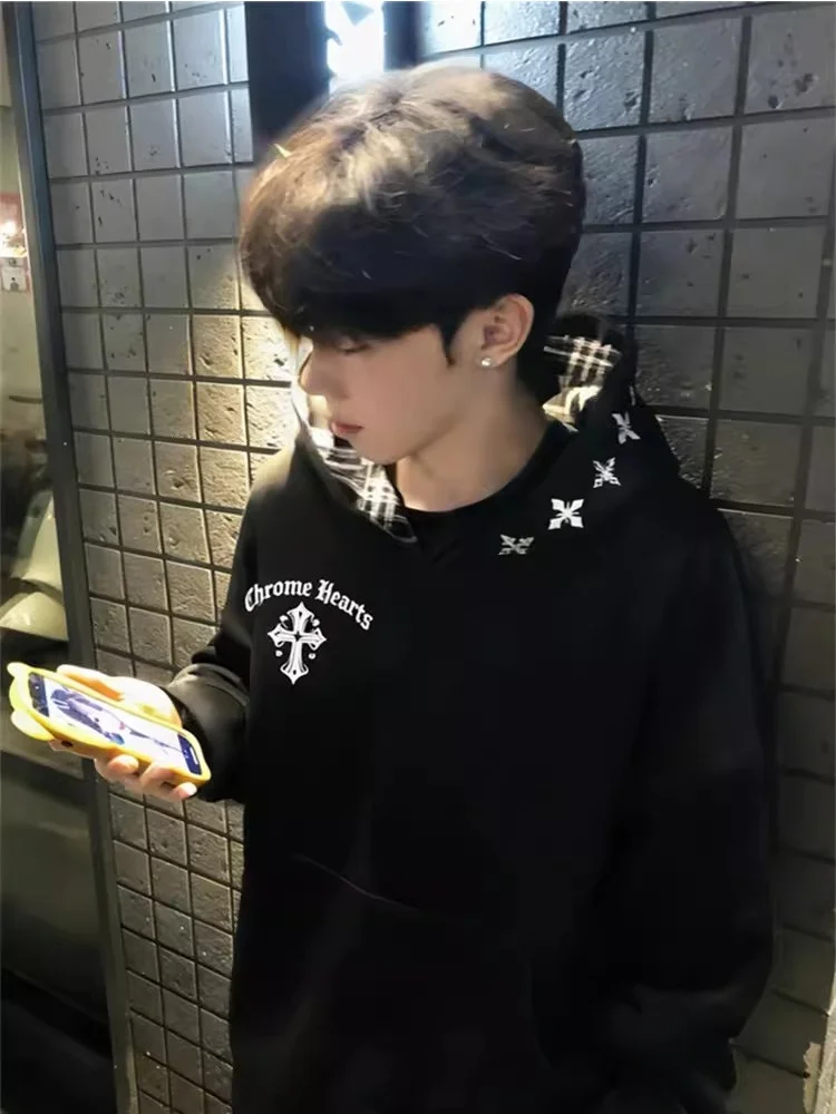 

Мужская толстовка в стиле ретро с американской вышивкой крестиком, свободного кроя, модная, с клетчатыми вставками, длинными рукавами, теплая, из хлопка и полиэстера, повседневная.