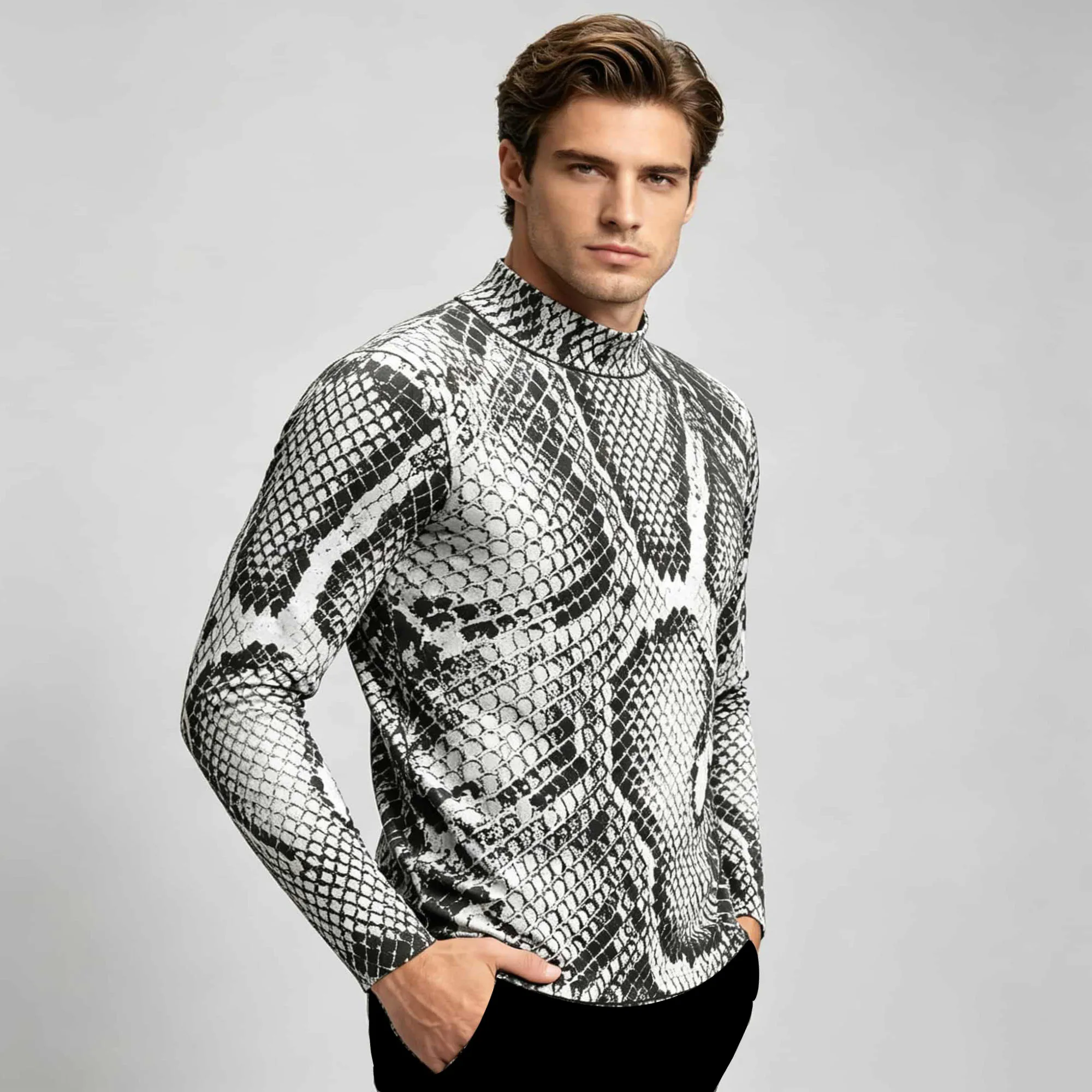 Edgy Animal‑Inspired Snake Pattern Mock Neck Long‑Sleeve Top Men Chic Festival Theme Street‑Style Shirt