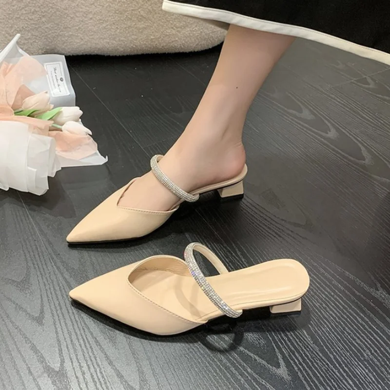 

High Heeled Mules Women Flip Flops Closed Modern Slides Summer Shoes Women Sandals Pointed Toe Crystal Slippers pantuflas mujer