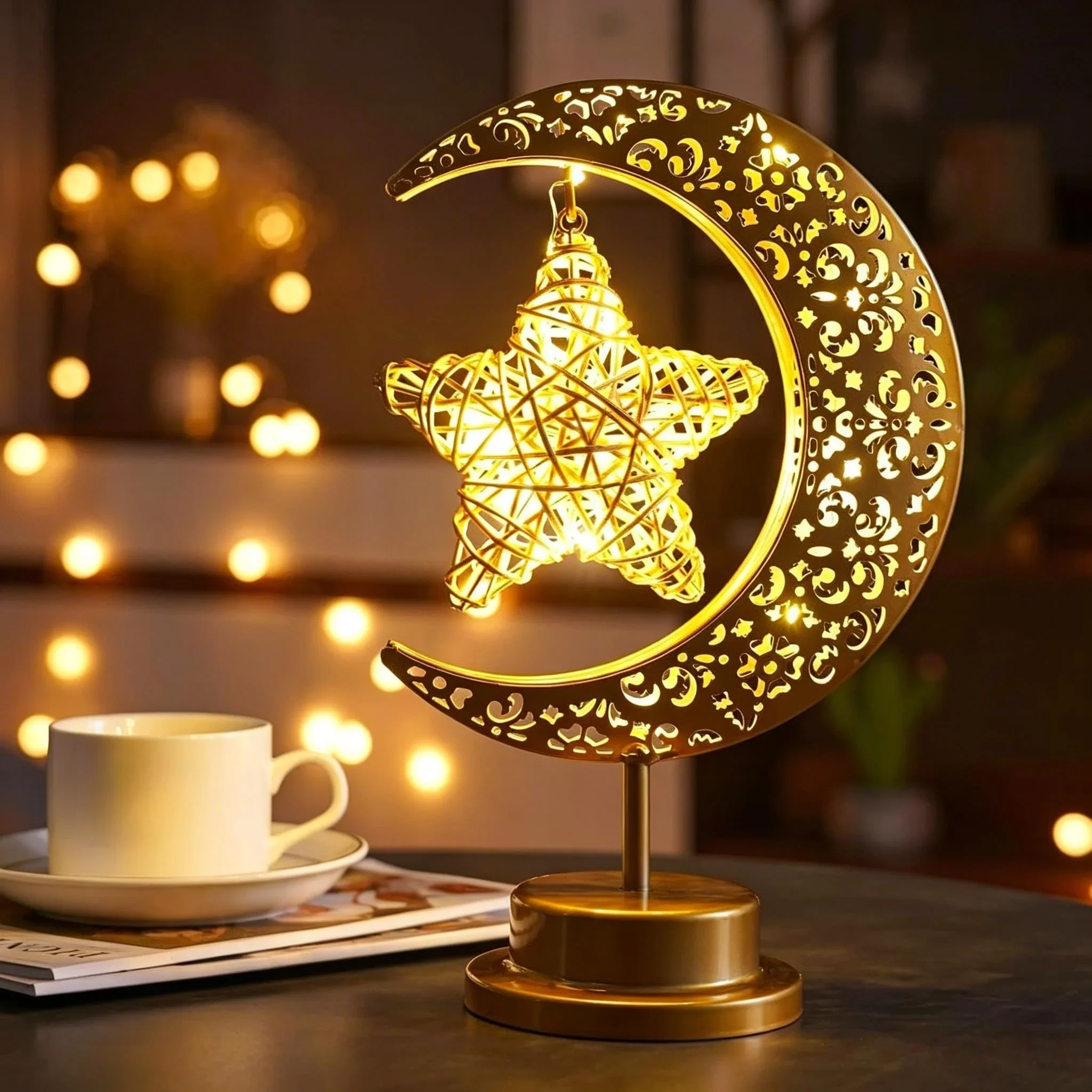 LED Moon Star Ball Table Lamp Battery Powered Ramadan Eid Home Decor Candle Holder Room Festival Night Light
