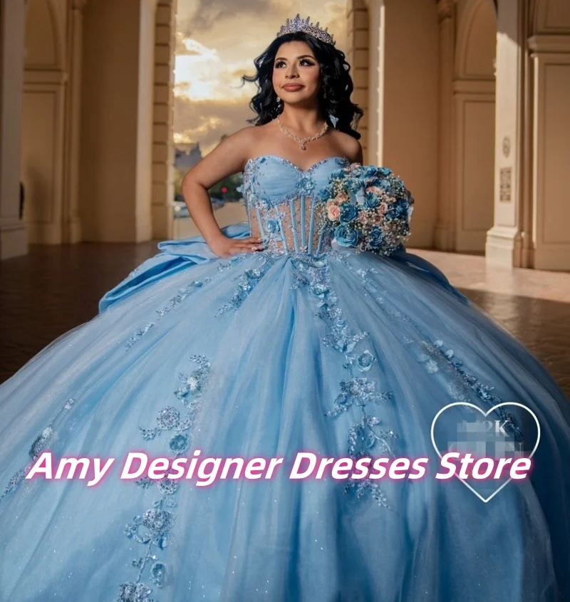 

Exquisite Light Blue Sequin Quinceanera Dresses Exquisite Handmade Flowers Ball Gowns For Mexico Girls Luxurious Customized