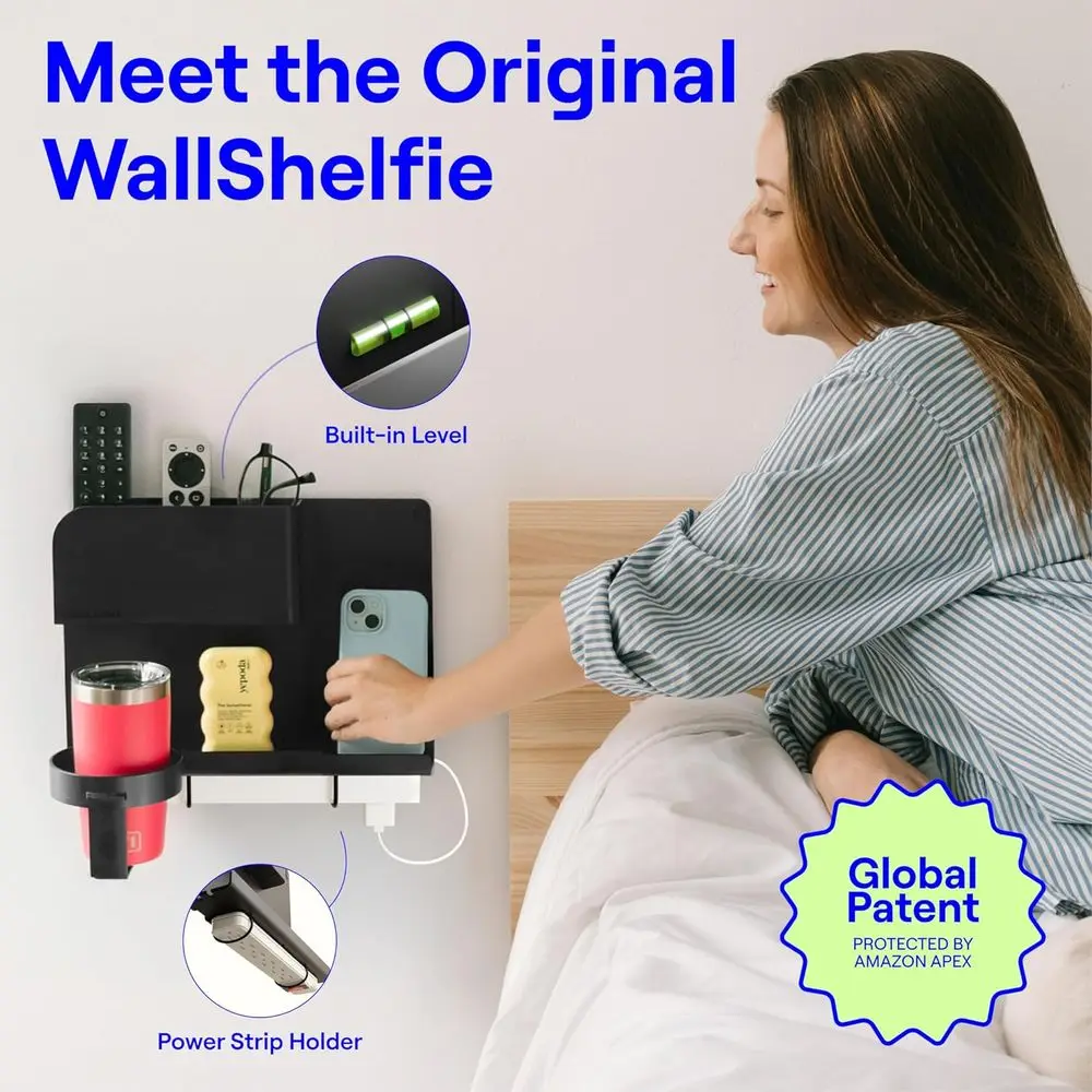 Black Floating Wall Shelf Organizer - Bedside Storage, Dorm Essentials, Remote Holder, RV Accessory