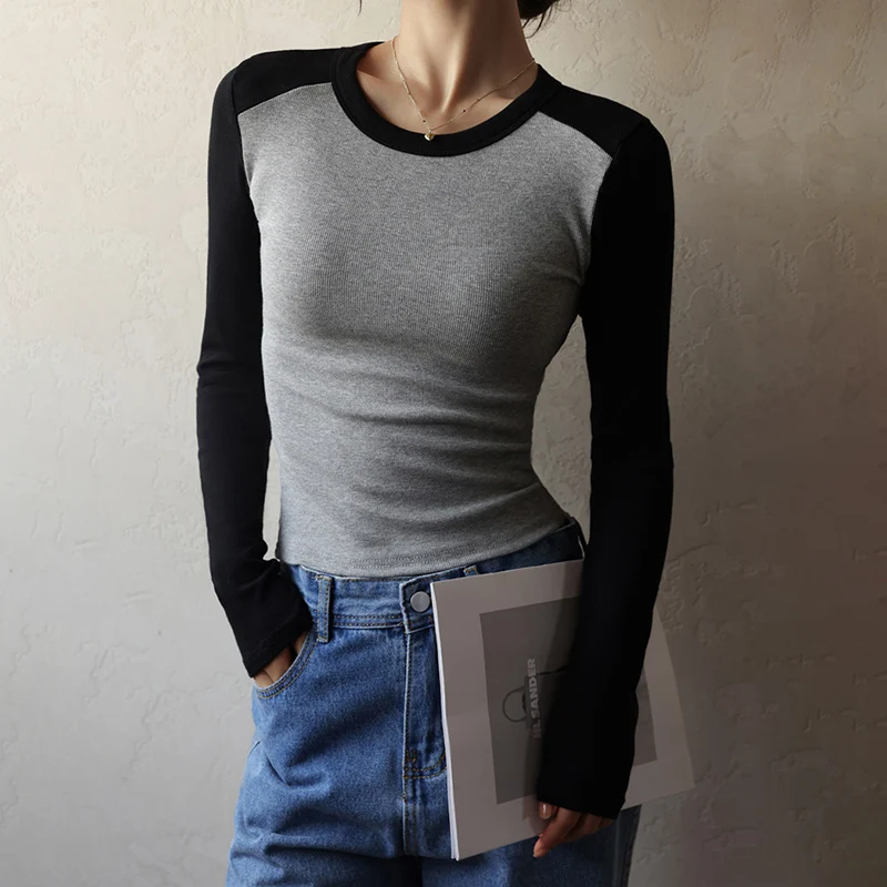 

Vintage Patchwork Long Sleeve Bottoming Shirt Women Sexy Slimming High Stretch O-Neck Blouses Y2K Popular Versatile Base Layer