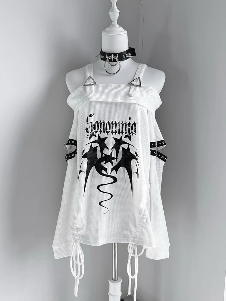 

Y2k Slash Neck White Long-sleeved Off-the-shoulder Top Women's New Letter Print Loose T-shirt Gothic Punk Women's Clothing Tops