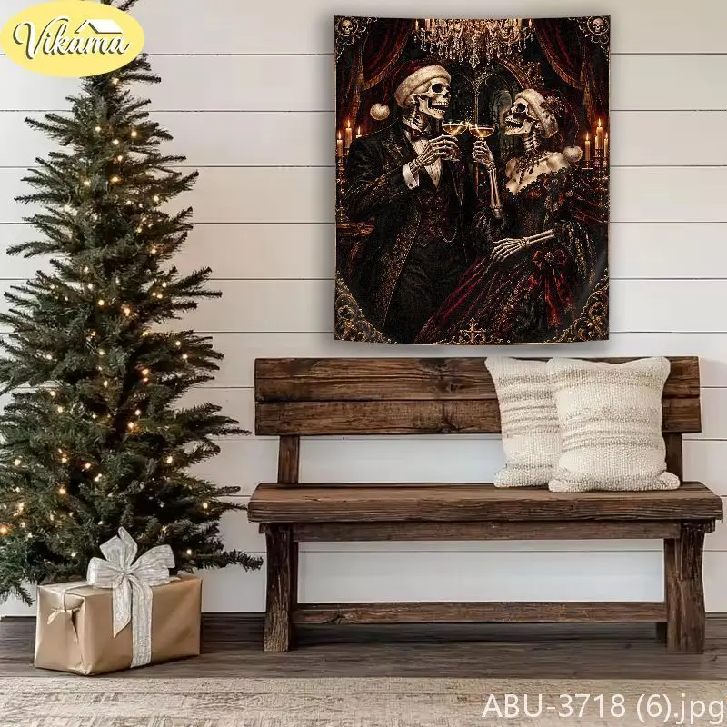 VIKAMA Gothic Skull Candelabra Snowflake Gold Wall Tapestry Dark Victorian Holiday Ornate Black Luxury Home Decor Charming Soft