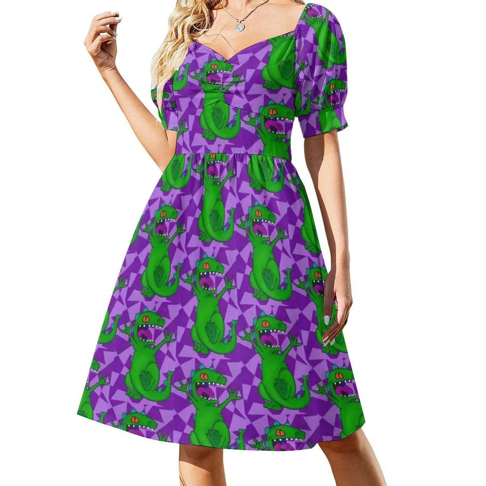 

Reptar Rugrats Nickelodeon Dinosaur T-rex painting on canvas paper Short-Sleeved Dress Long veiled dresses Women's evening dress