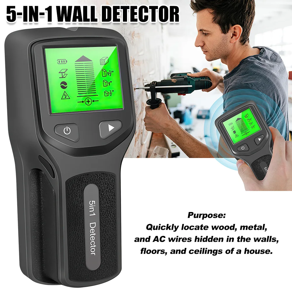 5 in 1 Stud Finder Wood Metal Pipe Sensor AC Cable Live Wire Detector Electric Wall Detector Scanner Depth Measurement Finder