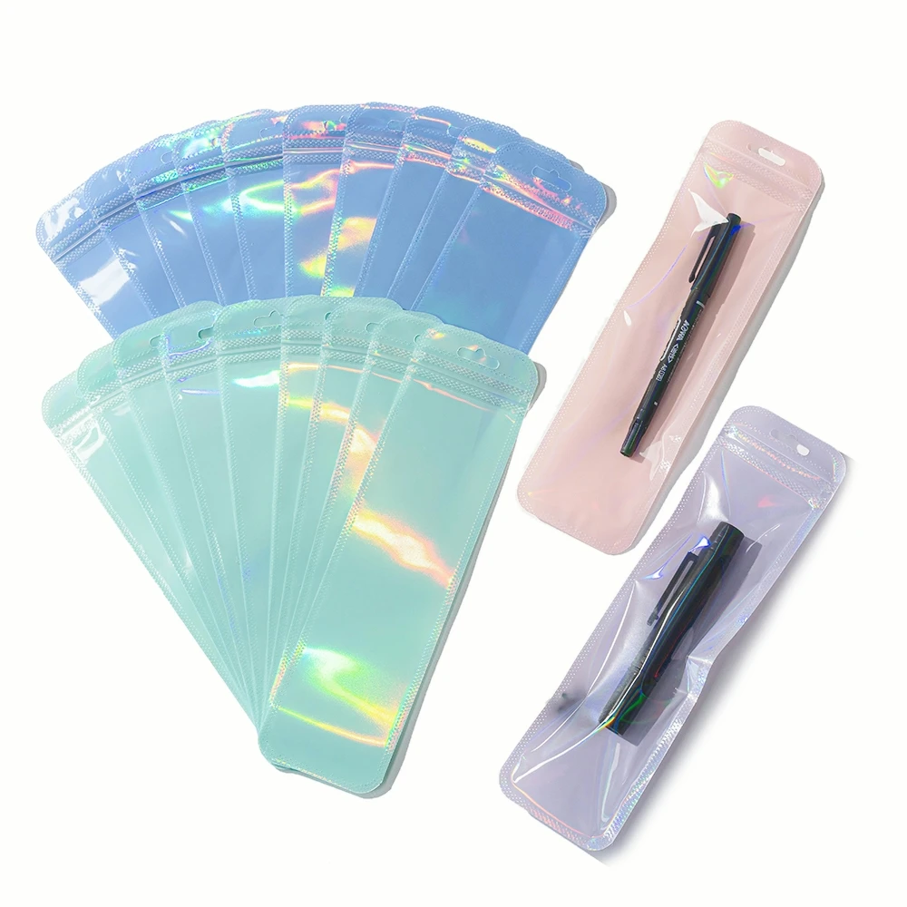 50pcs/Lot Long Holographic Self Sealing Bags Resealable Laser Plastic Zip Lock Pouches for Storage Jewelry Display Packaging