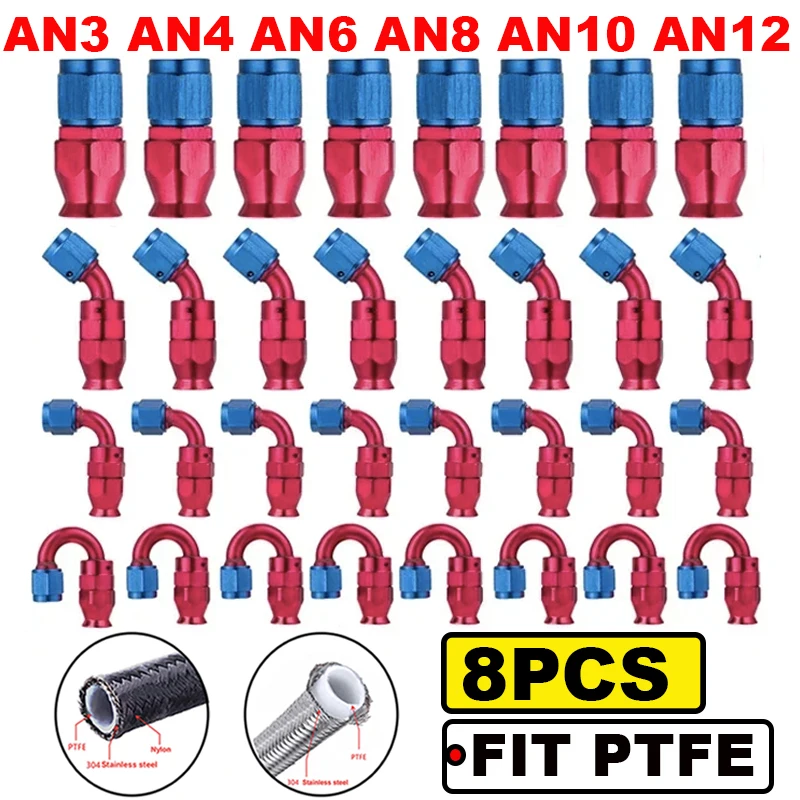 8Pcs AN3 AN4 AN6 AN8 AN10 AN12 Straight 0 45 90 180 Degree Reusable Ptfe Hose End Fittings Adapter For Swivel PTFE Oil Fuel Line