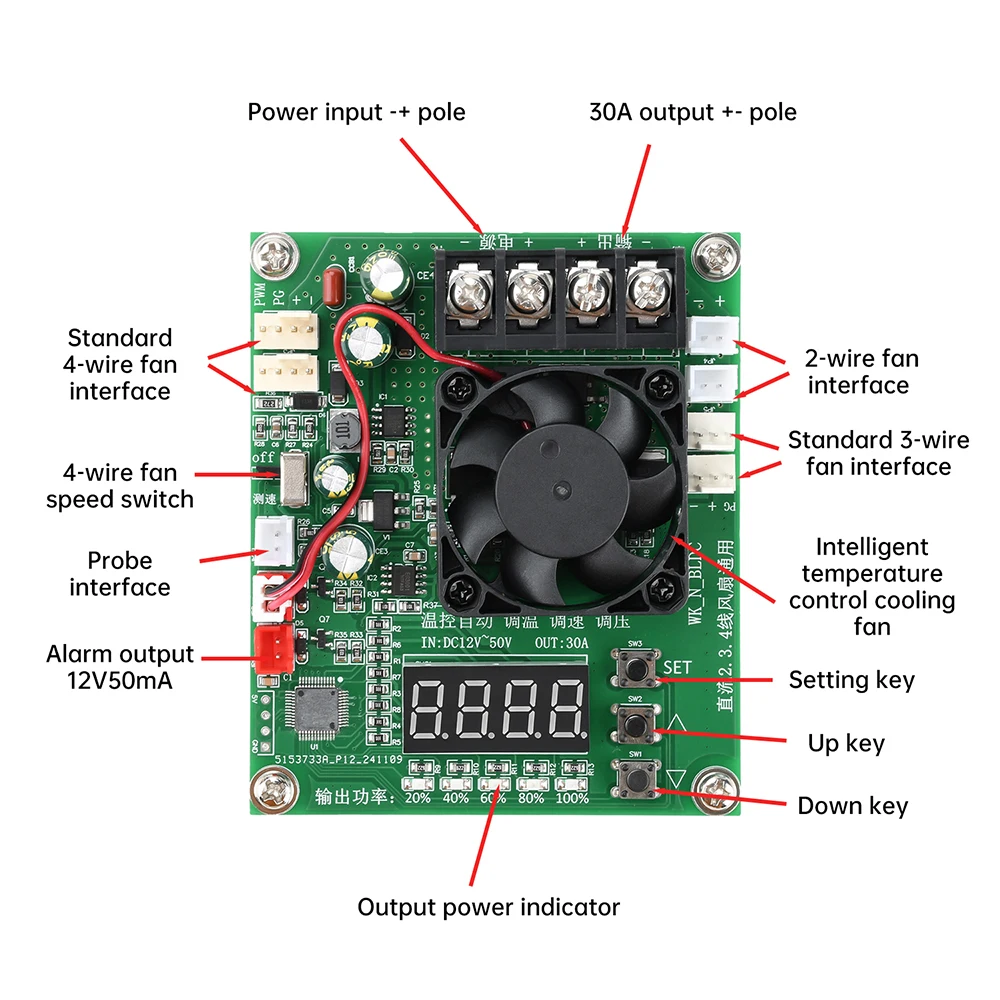 Universeller PWM-Temperaturregler mit Drehzahlregelung DC 12-50V 30A 2-Draht 3-Draht 4-Draht Lüftermodul mit Drehzahlanzeige für Hardware – Detail 7