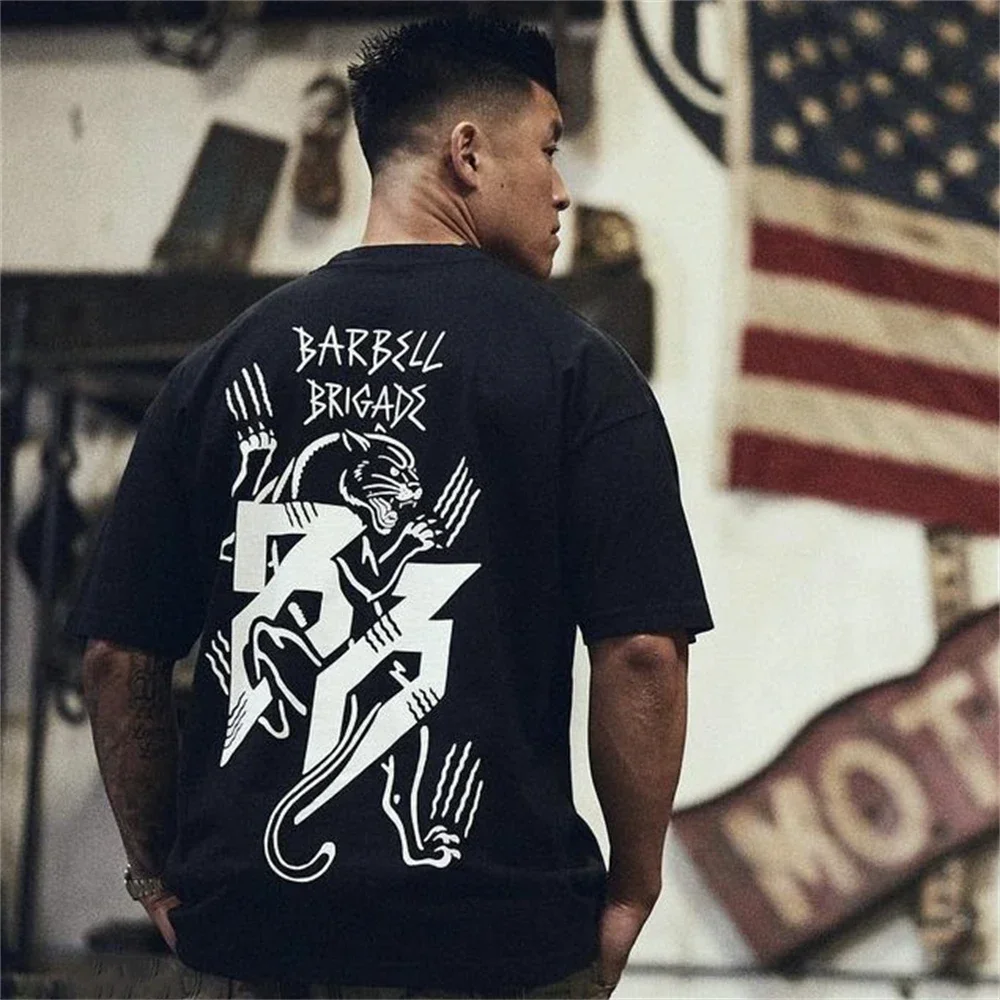 Barbell Brigade Men\'s Panther T-shirts Cotton Oversized T Shirt Summer New Sports Fitness Short Sleeve Gym Running Training Tee
