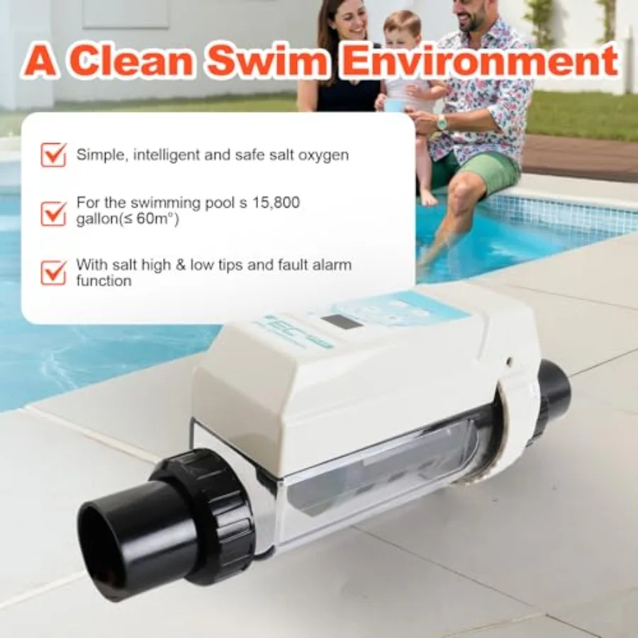 نظام مولد كلور الملح EC12 لحمامات السباحة الداخلية حتى 15000 جالونًا نظام كلورة حمام سباحة المياه المالحة الأوتوماتيكي الذكي مع