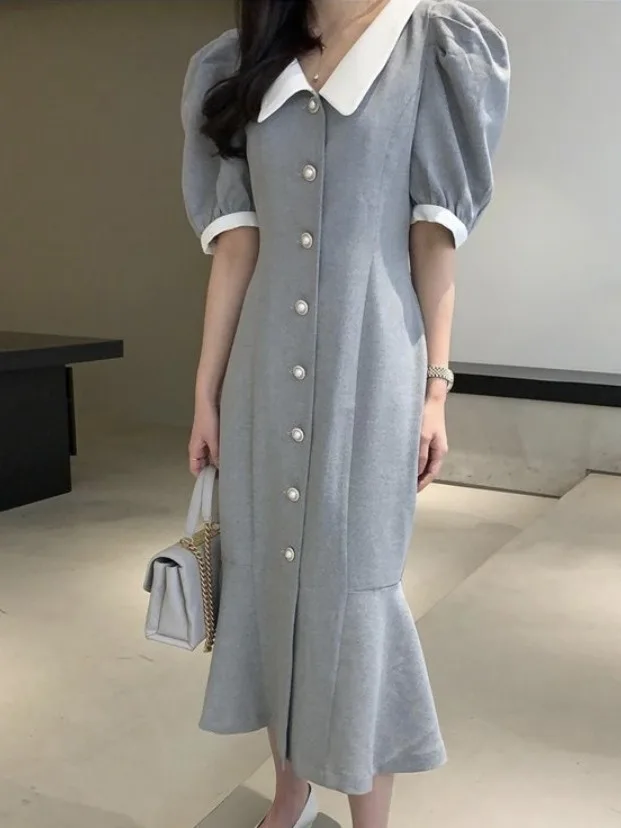 Vestido e de verano con cuello levdo, bloque de Color, ajustado, manga de burbuja, cola de pez, vestido de moda de...