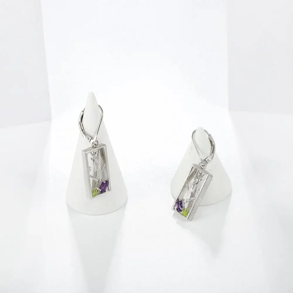 GEM'S BALLET 925 Sterling Silver Handmade Grass Pencil Tree Natural Amethyst Gemstone Woman’s Statement Earrings Fine Jewelry