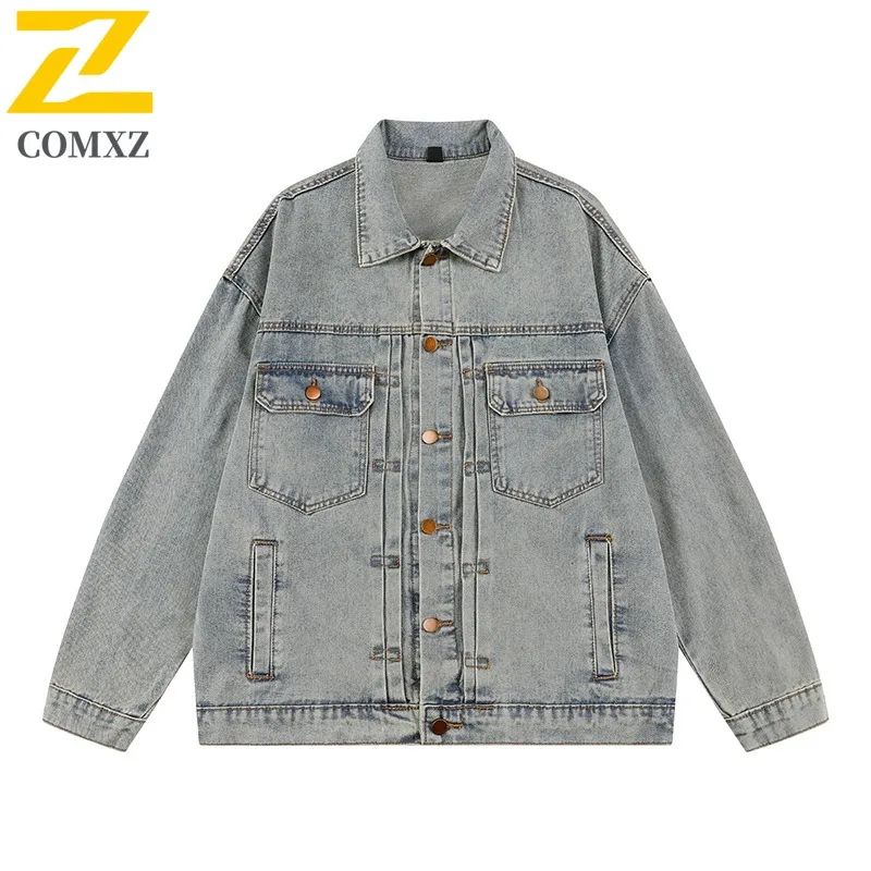 

COMXZ Mens Denim Jacket 2025 New Vintage American Fashion Motorcycle Jackets Premium Men Workwear Black Washed Denim Coat